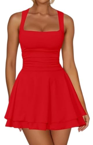 Sukiglam Robe Femme Sexy sans Manches Col Carré Robes Courte d'Été Élégante Dos Nu Mini Robe Moulante de Soirée Décontractée Bodycon Robes à Double Couche Volants pour Cocktail Fête Clubbing