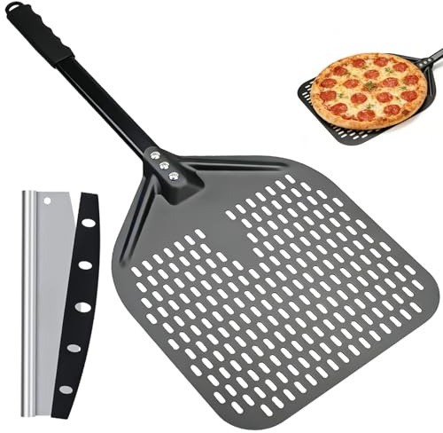 Pala per Pizza con Coltello Tagliapizza, Set 2 in 1, Pala Forata in Alluminio 12 Pollici (40x30 cm) con Manico Smontabile (Lunghezza Totale 72,5 cm), per Pizza, Pane, Forno, Pizzeria e Casa