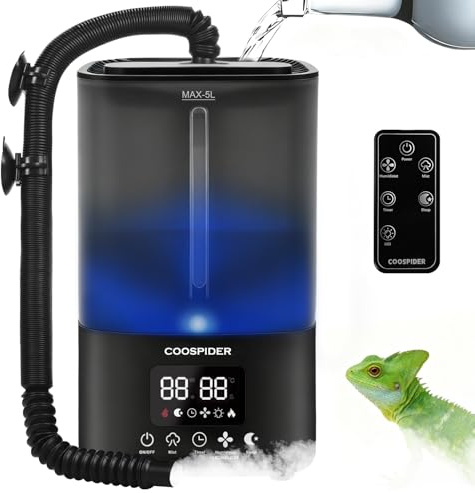 Tararium Nebulizador de terrario de 5 litros con temporizador y sensor de humedad – Humidificador automático de reptiles para serpientes, camaleones, tortugas – niebla ultrasónica silenciosa