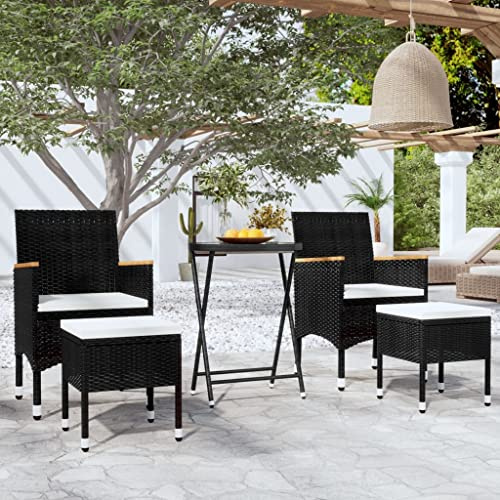 Hoopleep Ensemble bistro de jardin 5 pièces en rotin synthétique et verre trempé noir pour terrasse et extérieur avec 2 chaises, 2 tabourets et table, meubles confortables