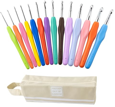 14 x virknålset aluminium virkad krok med färgglatt gummihandtag | virknål 2,0 mm 2,5 mm 3,0 mm 3,5 mm 4,0 mm 4,5 mm 5,0 mm 6,0 mm 6,5 mm 7,0 mm 8,0 mm 9,0 mm 10,0 mm