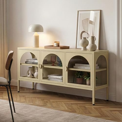 [en.casa] Vetrina Bassa a 3 Ante in Vetro Temperato Credenza in Acciaio con 4 Scomparti Vani Mobile Espositore Supporto Multimediale per Soggiorno Sala Studio 118x35x55 cm - Color Cammello