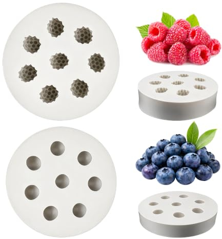2 stycken blåbär hallon fondant silikonform, non-stick 3D-fruktljusformar | Ljus silikonformar frukter värmebeständig, mullbär konstharts former, fruktgjutform silikon för kakor, kex, dessert