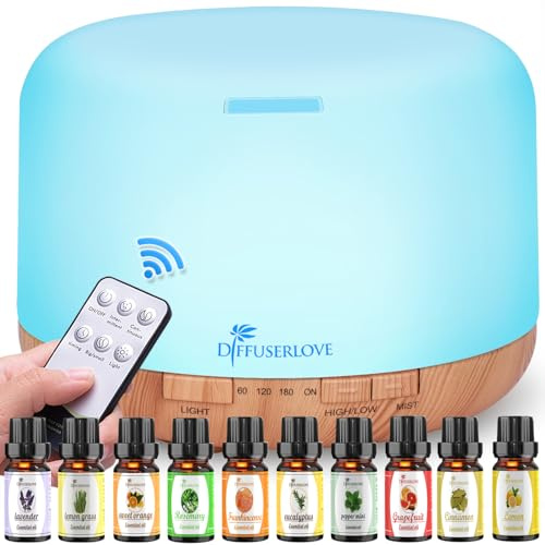 Diffuserlove Diffuseur d'Huiles Essentielles Electrique 500ML Télécommande Arômes Humidificateurs avec Design Muet, Minuterie et Arrêt Automatique sans Eau pour Bureau Salon, LED