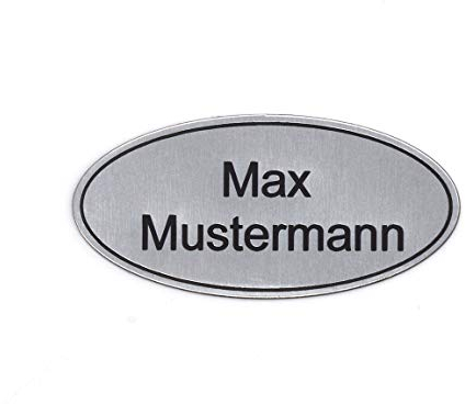 Schilderino Placa de buzón, placa para puerta, grabado personalizado, autoadhesiva, hecha de plástico en muchos colores y tamaños (8 x 3,5 cm, ovalada con borde, plateado y negro)