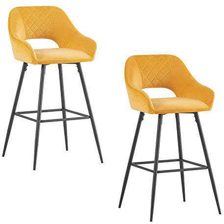 Greneric Barhocker Samt Gepolstert Bar Stühle mit Fußlehne Armlehne Küche hohe Hocker unterstützt Black Metal Legs für Haus Küche und Counter (2, Gold)