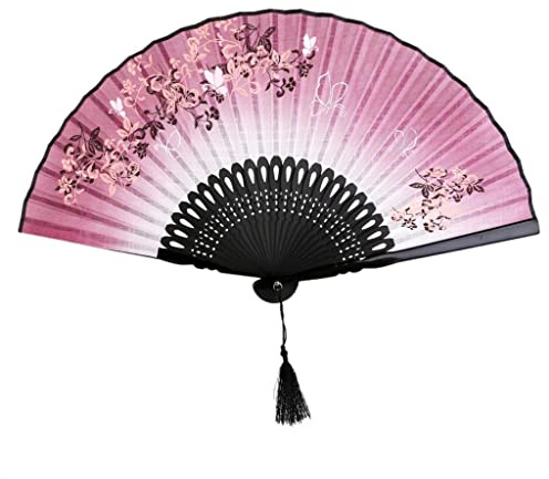Tiuimk Abanico japonés de mano Art Deco Sakura mariposa seda tela bambú abanico plegable mano para decorar paredes fiesta en casa festival vino rojo