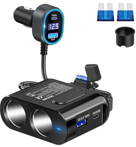 Cigarette Lighter Splitter 12V Plug 2-Socket with PD 65W Port, Car USB Charger Multi Port 300W 12V/24V Adapter with Voltage Display and 15A Fuse for All Car Devices, DC Outlet Car Accessories