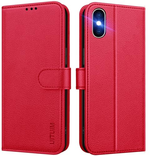 UITUIM Coque pour iPhone X/iPhone XS, Coque Etui Portefeuille Cuir avec Rabat Porte Carte Clapet Magnétique Flip Case Étui Cover Housse Coque de Protection Etui pour iPhone X/iPhone XS,Rouge