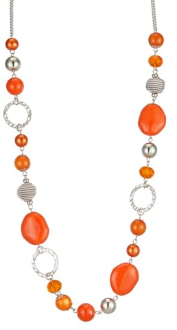 Bulinlin Damen Lange Perlenkette Statement Boho Silber Metallkette Hochzeitstag Modeschmuck Geschenke Pullover Halskette für Frauen (Orange)