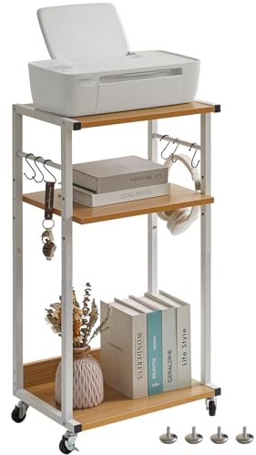 YMYNY Mobiler Druckertisch, Druckerwagen, 3 Ablagen, Höhenverstellbar Druckerständer mit Rollen, 6 Haken, für Büro, Fax, Kopierer, Scanner, Zerkleinerer, 44 x 30 x 82CM Naturfarben HPT002N