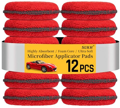 Sukh 12 Pack Microfiber Foam Car Wax Applicator Pad - Foam Applicator Pads Detailing Round 4.72 inch Polishing Sponges for Car Wax Applicator Pad Red.