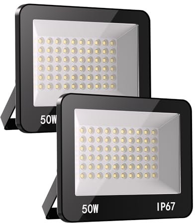 HAPYLUMI Projecteur LED Exterieur 50W 2PCS, 5000LM Spot LED Extérieur Puissant, 6500K Blanc Froid Eclairage Sécurité IP67 Imperméable pour Jardin, Patio, Garage, Terrasse, Entrepôt