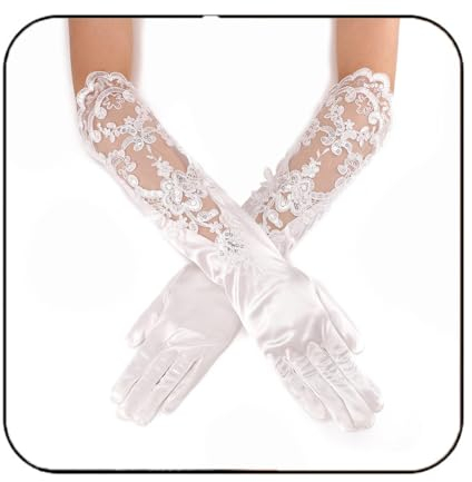 Latious Long Finger Satin Bride Wedding Gloves White Lace Elbow Length Bridal Gloves Prom Accessories for Women (Ivory)