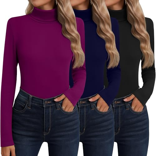 Neer 3 Pack Cotton Women's Turtleneck Long Sleeve Tops Thermal Underwear Base Layer Fall Winter Shirts Sweater(L,Black, Navy Blue, Fuchsia)