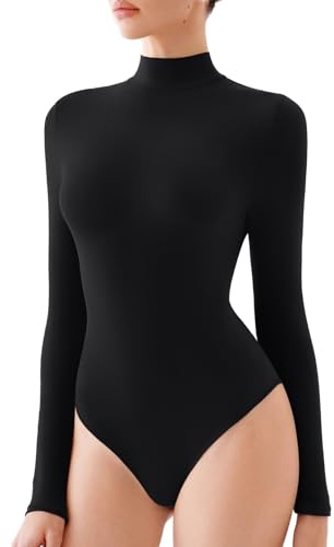 REORIA Women's Mock Turtleneck Body Suits Long Sleeve Bodysuits Fall Winter Double Lined Soft Basic Slim Tight Layering Tops Trendy Outfits 2025(Black XX-Large)