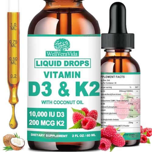 D3 K2 Vitamin 10000iu, Liquid Drop Vitamin D3 With K2 (MK-7)200mcg Coconut Oil, 6X Stronger Than D3 K2 Sofegels, Magnesium Zinc for Absorption -K2 D3 Vitamin Supplement for Joint Teeth & Bone Health