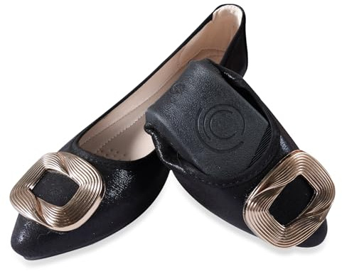 YOUNIFIZ Women's Ballet Flats Soft Pointed Toe Fashion Buckle Wedding Shoes Foldable Sparkly Comfort Slip on Ballerina Walking Flats Pumps (Black-4,Size 5.5)