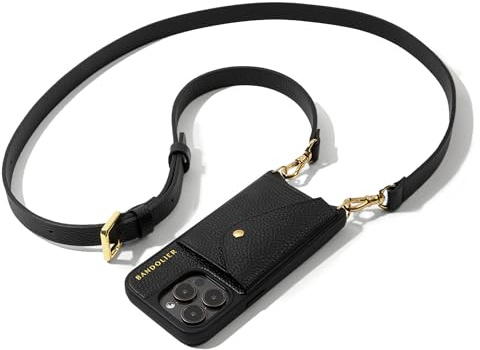 Bandolier Hailey - Funda Tipo Cartera Cruzada para iPhone 16 Pro MAX. 100% Piel auténtica de guijarros con herrajes Dorados. Correa Ajustable y extraíble. Tarjetero Extensible con Tapa, Color Negro