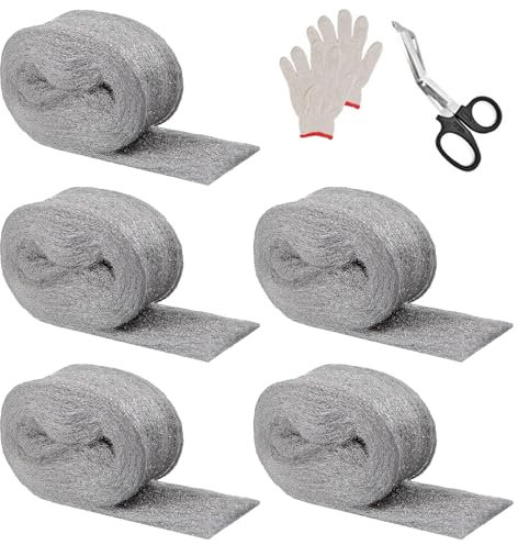 5-Pack Mice Steel Wire Wool: 15 Meter Ultra Fine Steel Wool Coarse Wire Wool Gaps Blocker with Gloves, Scissors for Keeps Mice & Rodents Away Removing Paint Varnish Rust (3m/Roll) x 5