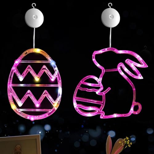 ZKFSIE Easter Window Lights Easter Decorations, 2 Pack Easter Bunny Lights, Eggs Lights, Multicolour Hanging Lights with Suction Cup, Slow Fade Indoor Lights for Easter Home Decor