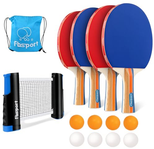 Tischtennisschläger Set Profi, Tischtennis Set mit 4 Schläger, Einziehbarem Netz, 8 Tischtennis Bälle und 1 Tragetasche, Ping Pong Set für Indoor Outdoor Kinder Erwachsene