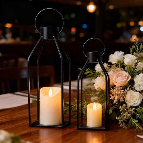 Lanterne per esterni con candele a LED, set da 2 lanterne decorative in acciaio inox, 32 + 40 cm, lanterne decorative in acciaio inox, per decorazione da tavolo, matrimonio, Natale (nero)