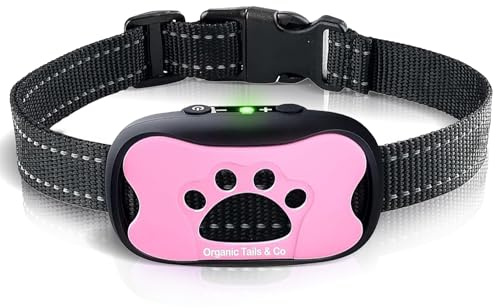 Organic Tails & Co Anti-Bark Collar for Dogs - Humane Beep & Vibration Training, 6 Sensitivity Levels, Smart Bark Detection, Long Battery Life, Adjustable Strap (Pink)