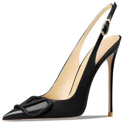 Qynthra Zapatos de Corte Mujer con Hebilla en V Slingback Tacones de Aguja Punta Afilada Zapatos de Noche Elegantes Tacones Altos para Boda y Banquete Formal Piel,Black12cm,39 EU