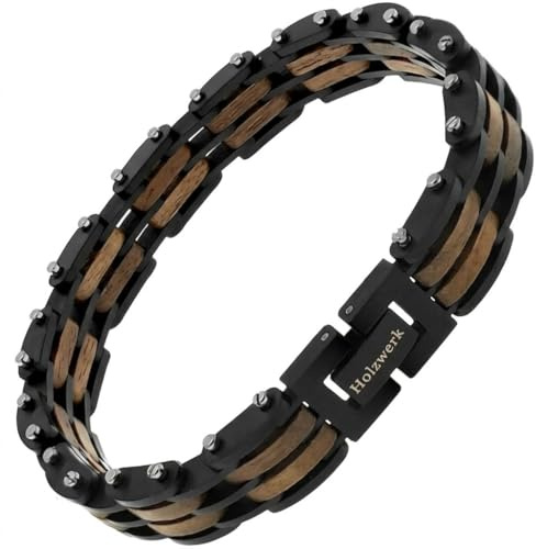 Holzwerk Bracelet en bois naturel pour homme et femme Marron Noir Noyer Réglable avec raccourcisseur de bracelet et boîte de rangement