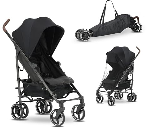Deryan Bobbie, passeggino sportivo, leggero – 8,5 kg, ruote anteriori girevoli, manico regolabile, regolazione continua dello schienale, piegatura rapida (nero)