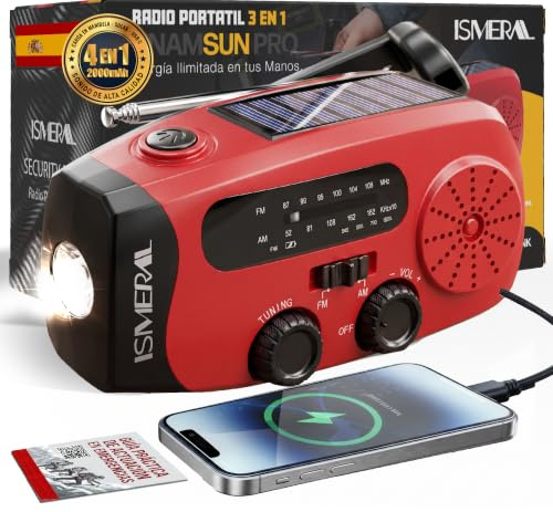Radio Solar de Emergencia con Manivela 2000 mAh, Am/FM Linterna LED, SOS