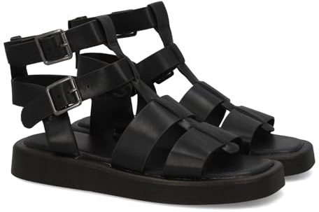 103368 Sandalia de mujer estilo romano con diseno de tiras anchas. Incorpora doble cierre con hebilla en el tobillo. Suela plana y comoda, ideal dia a dia en la temporada de verano Negro Talla 38