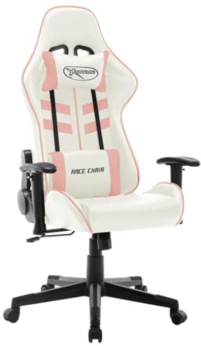 Sinkzol Silla de gaming de piel sintética blanca y rosa con respaldo alto, altura regulable, acolchada, con 2 cojines y 5 ruedas para oficina, oficina, sala de juegos y uso de deportes electrónicos