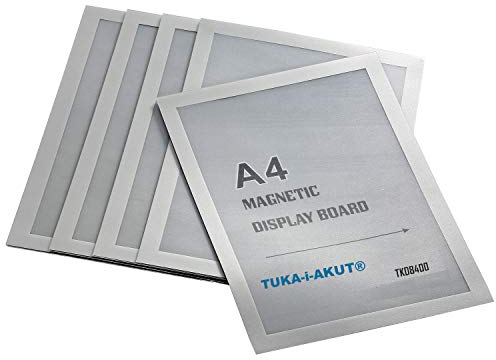 TUKA-i-AKUT 5st. A4 Info-Rahmen Selbstklebend mit Magnetverschluss, Einstecktasche Infotasche Blatthalter, Schnelles Wechseln von Aushängen, Aufklappbarer Magnetrahmen Farbe Silber, TKD8400-A4-5x