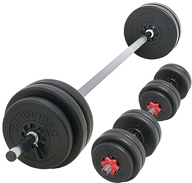 TrainHard - Juego de mancuernas con barra larga, mancuerna corta, barra de pesas y discos de peso, de 50 kg a 90 kg (50 kg)