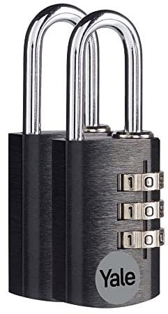 Yale Lucchetto a combinazione in alluminio YE3CB/20/121/2/BK nero, corpo 20mm, arco in acciaio, confezione da 2 pezzi