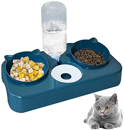 doepeBAE Ciotola per Gati, 3in1 Doppelnap Automatici Automatica per Gati Dispenser Cibo qua Inclinate Ciotole Set di CiotoleDopie Cani di Taglia Picola Media(Blu)