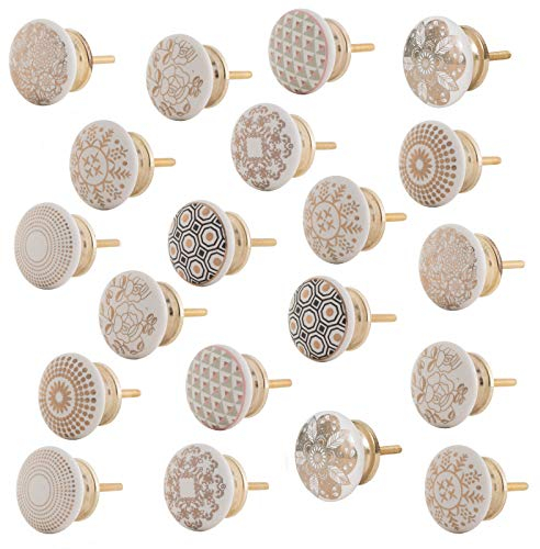 Knober 20 X Möbelknopf Set Keramik verziert für Schränke Schubladen und mehr Art Deco Stil filigran bedruckt verschiende Designs