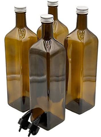 Devitre 4er Set Ölflasche 1000 ml mit 2x Ausgießer aus Kunststoff und Etiketten