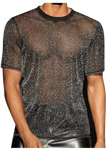 WDIRARA Men's Glitter Mesh Sheer T Shirt Rave See Through Shirt Short Sleeve Top Tee A Black