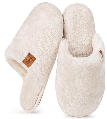 EverFoams Damen Scuff Hausschuhe Gemütlich Weiches Flauschiges Kunstalpaka Memoryschaum Leichte Rutschfeste Pantoffeln Creme Weiß, 38-39 EU