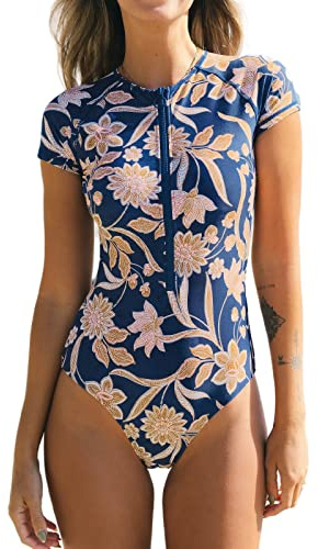 CUPSHE One Piece Swimsuit for Women High Neck Zipper Short Sleeve Bathing Suit Navy/Golden Floral L