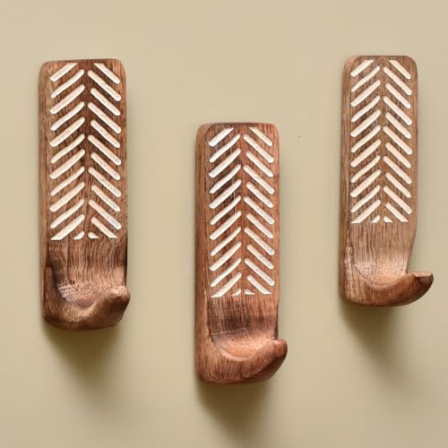 Indian Shelf 3 Boho Wood Adhesive Wall Hooks Peel Stick for Keys Towels
