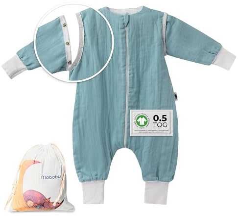 Mabababu babysovsäck med fötter och avtagbara ärmar – sommar sovsäck barn 0,5 Tog – 100 % GOTS muslin ekologisk bomull – sommarsovsäck med fötter – vikbara manschetter på händer och fötter, Havsgrön,