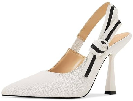 Slingback Heels for Women Closed Pointed Toe High Heels Bowknot Knitted Dress Work Wedding Pumps Shoes, White, 6 UK