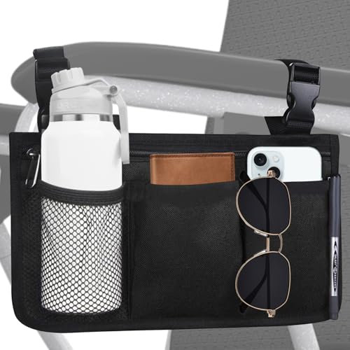 Borsa Laterale per Sedia a Rotelle, Doppia Faccia Bracciolo con Presa a Tazza e Striscia Riflettente, per la Maggior Parte Delle Sedie a Rotelle, Camminatori o Rollators (Nero)
