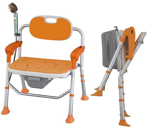 Silla de inodoro para personas mayores, plegable con reposabrazos y respaldo, altura regulable, desmontable, ampliable, resistente (naranja)