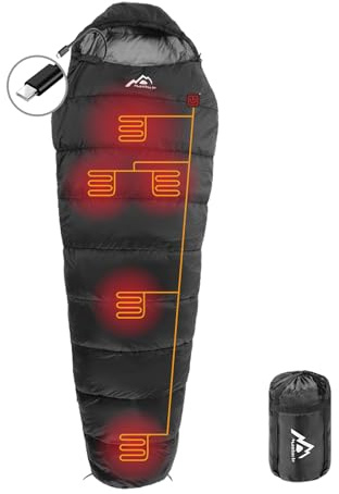 MANTUOLE Heated Sleeping Bag 5 Heating Zones,Operated with Battery or Other Power Supplies with 5V/3A Type C Output, Battery NOT Included, Mummy Style-Black.Type-C.