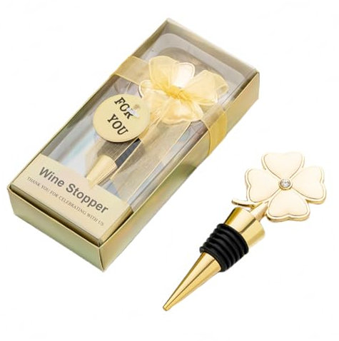 Tappo per Bottiglia di Vino in Metallo Dorato - Design Quadrifoglio Portafortuna con Cristallo - Idea Regalo Bomboniera per Matrimoni, Compleanni e Feste